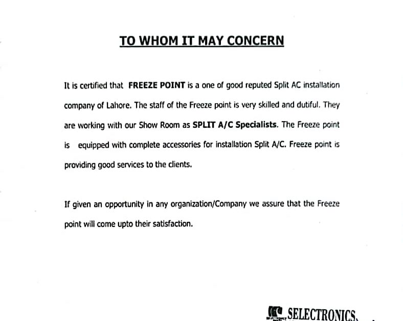 Selectronics HVAC certificate for Freeze Point