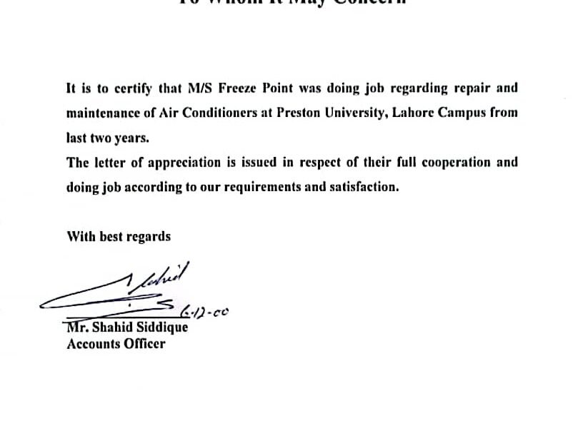 HVAC Certificate for Freeze Point preston university