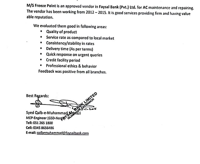 Hvac Certificate for Freeze Point by Faysal Bank