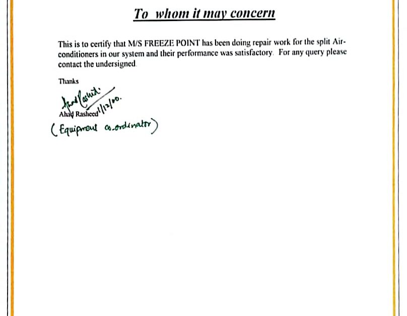 McDonald;s certificate of hvac work for Freeze Point