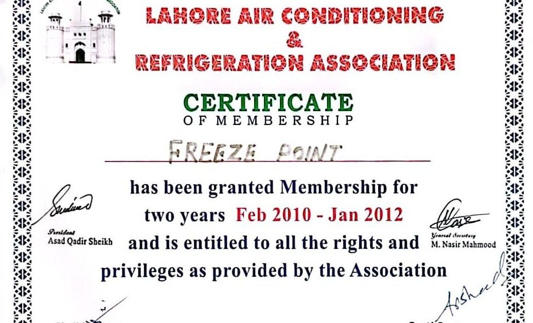 Certificate of membership for Freeze Point from Lahore AC & Ref Association