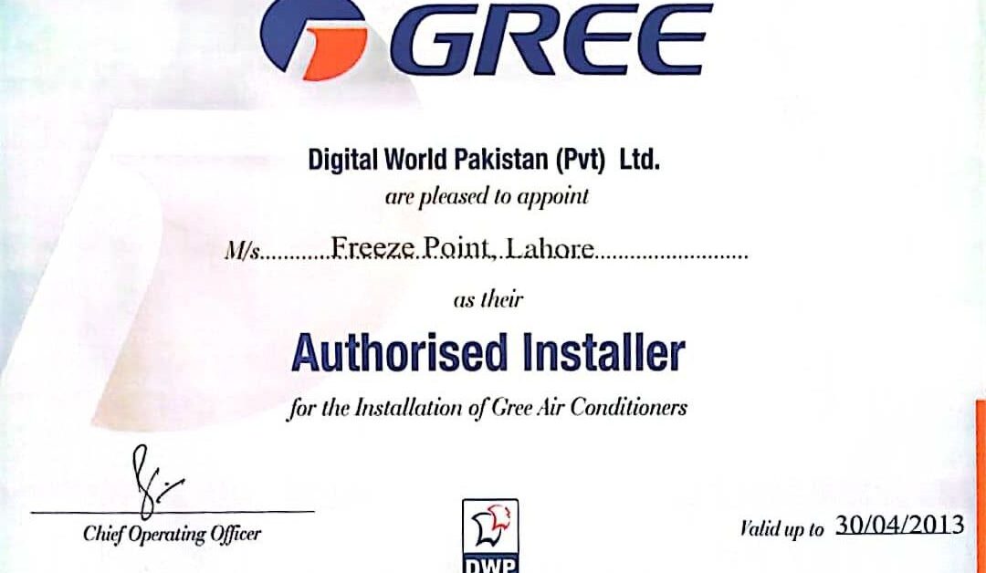 Freeze Point Authorized Installer certificate from Gree