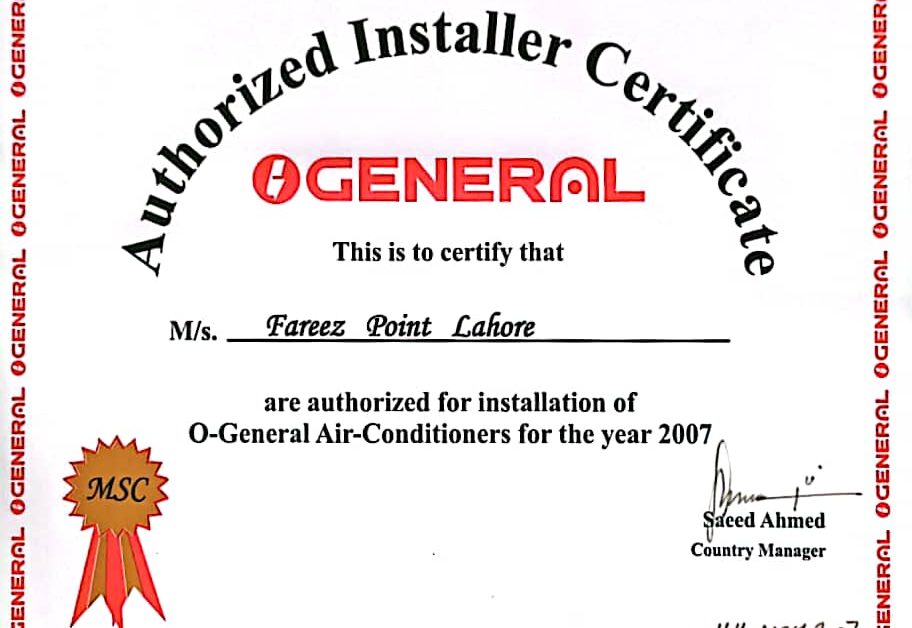 Authorized Dealer certificate from General Company