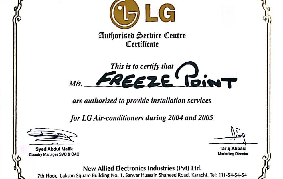Freezepoint HVAC Certificate from LG
