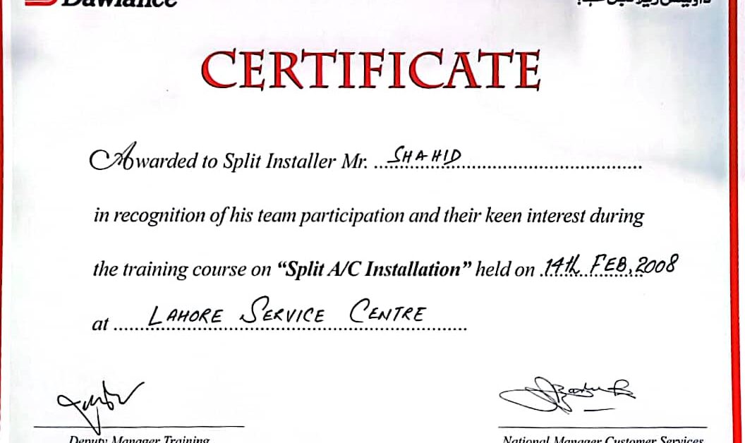 Freeze Point HVAC Certificate by Dawlance