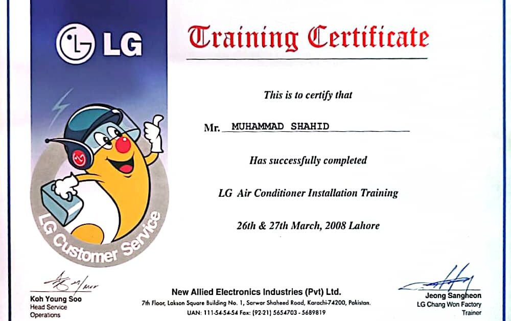 LG HVAC Certificate for Freeze Point