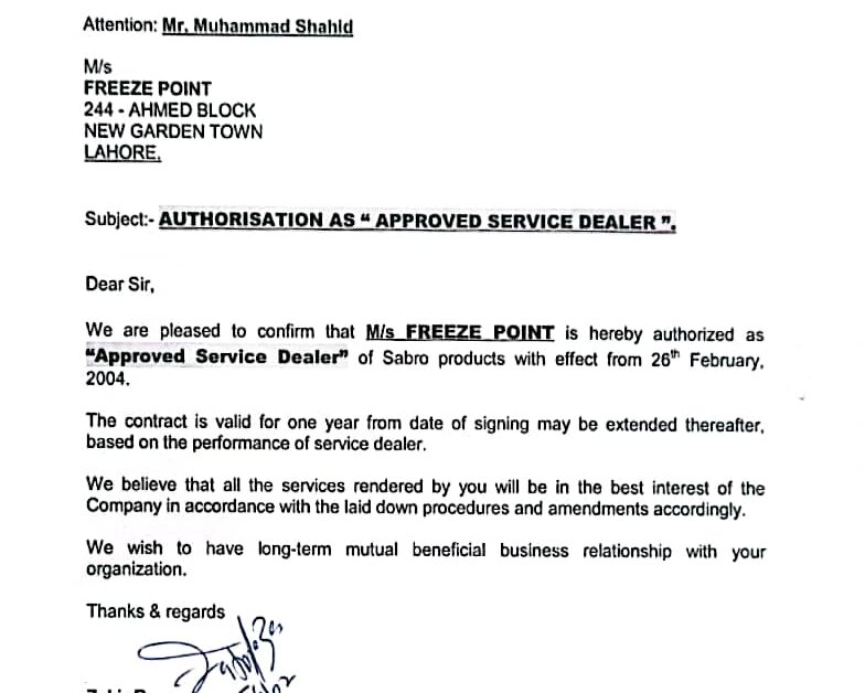 S.A brother certificate of Hvac for Freeze Point