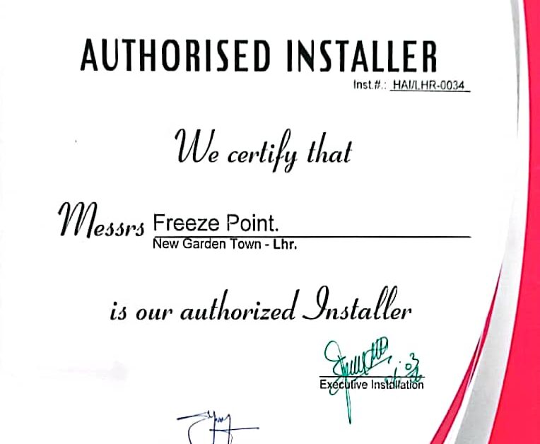 Haier Authorized Installer certificate for Freeze Point